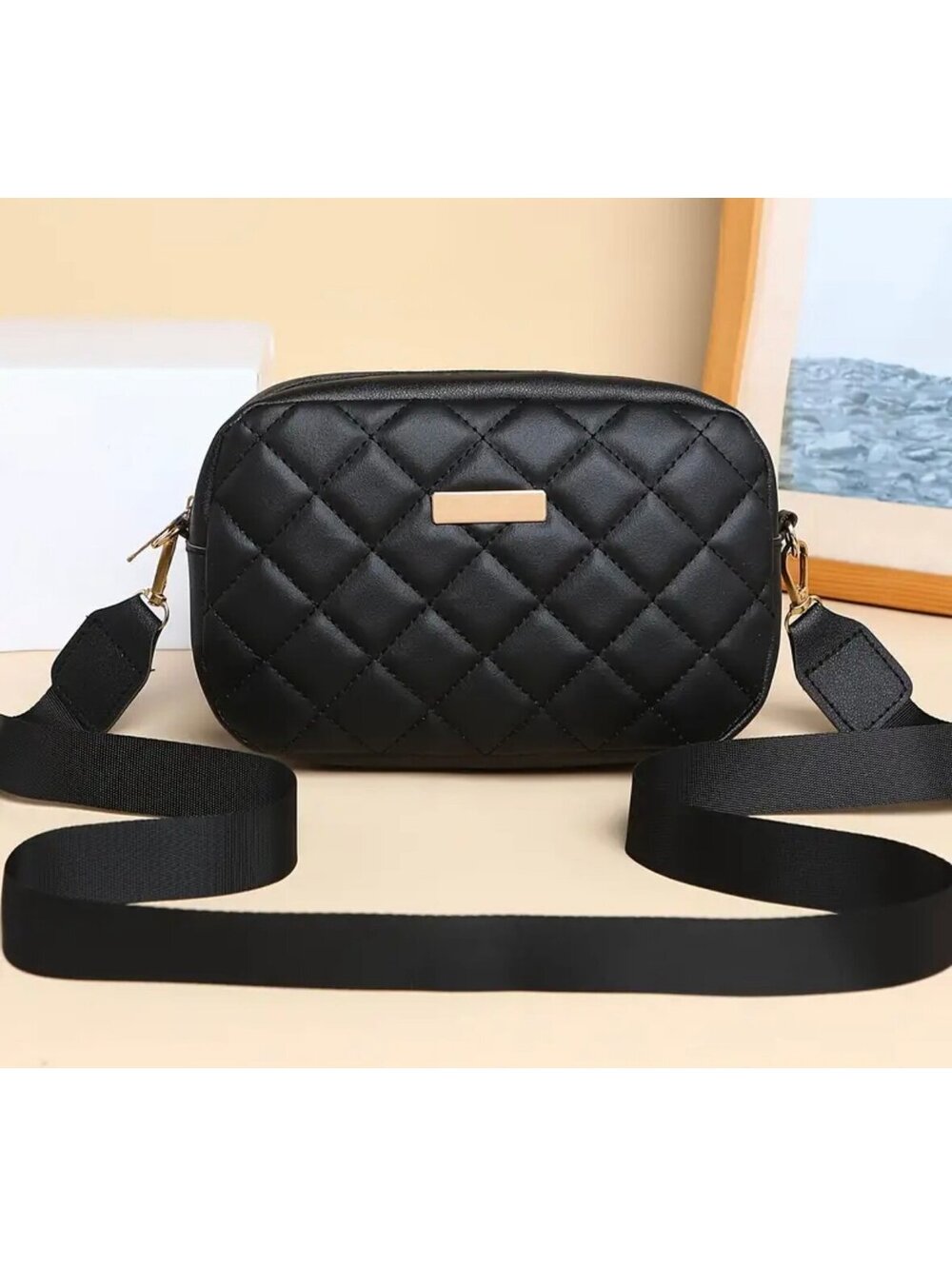 New -Classic Style -Quilted Faux Leather Crossbody /Shoulder Bag -Black